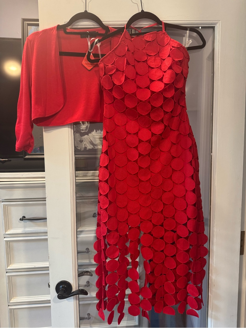 Main Strip Red One-Shoulder Circle-Appliqué Dress with Cropped Bolero